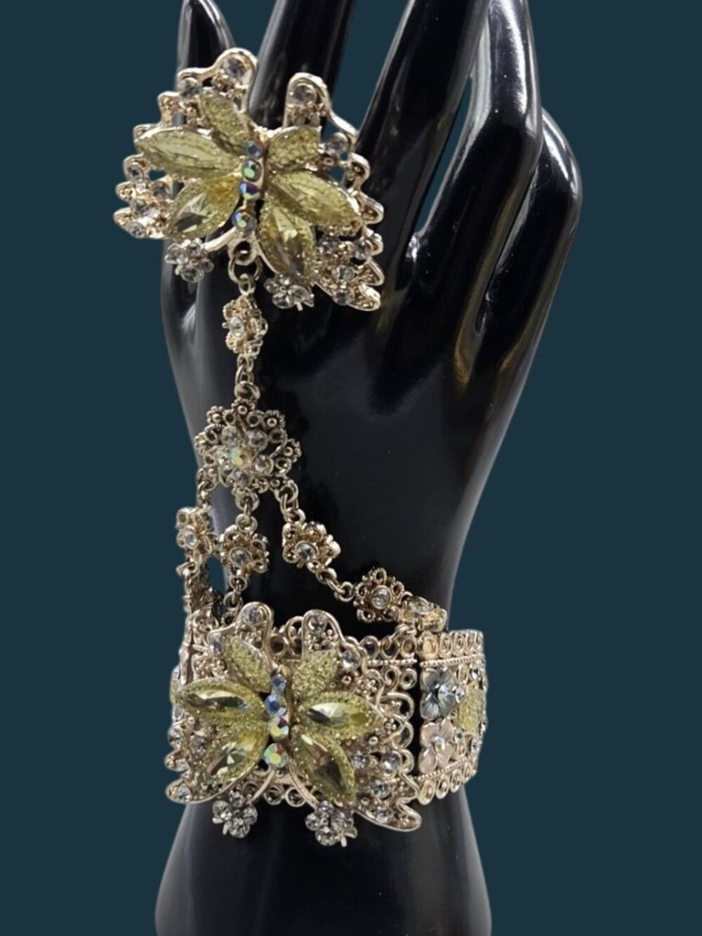 Butterfly Austrian Rhinestone Slave Glove Bracelet with Ring Bangle 7" Cuff